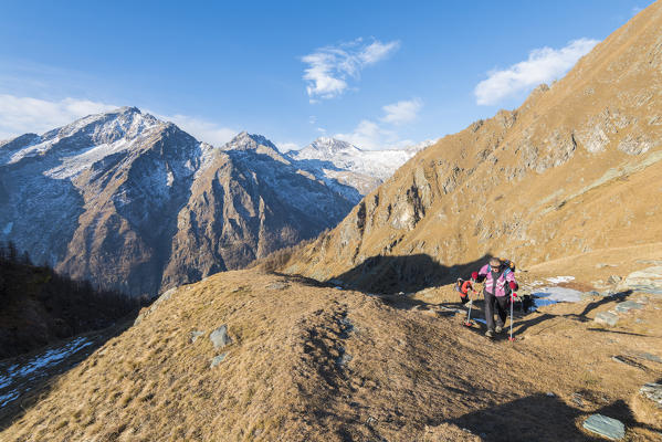 Hikers on the path, Valle Soana, Gran Paradiso National Park, Piedmont, Province of Turin, Italian alps, Italy