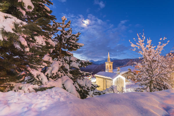 Little church at blue hour, Torgnon, Valtournenche, Aosta Valley, Italian alps, Italy