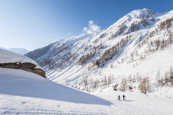 Hiker in the winter landscape, Piamprato, Valle Soana, Gran Paradiso National Park, Piedmont, Province of Turin, talian alps, Italy