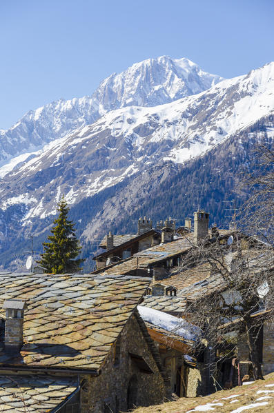 Mont Blanc over the village of Challancin, La Salle, Valdigne, Aosta Valley, Italian alps, Italy
