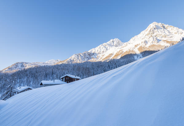 Snowy landscape in Val d'Ayas, Aosta Valley, Italian alps, Italy