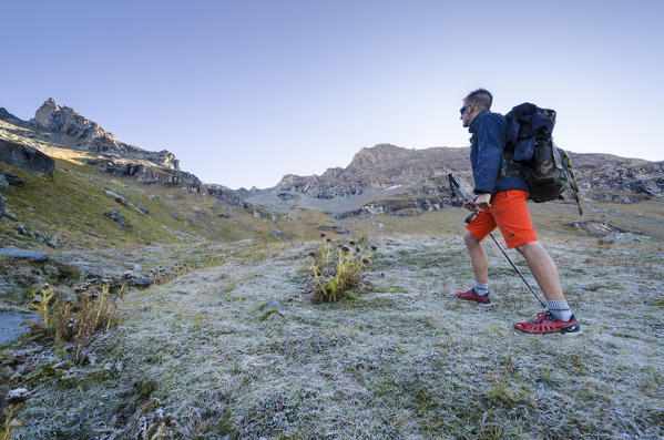 Hiker in Crest valley, Ayas Valley, Aosta Valley, Pennine Alps, Italian alps, Italy