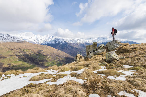 Hiker in Valchiusella, Canavese, Province of Turin, Piedmont, Italian alps, Italy