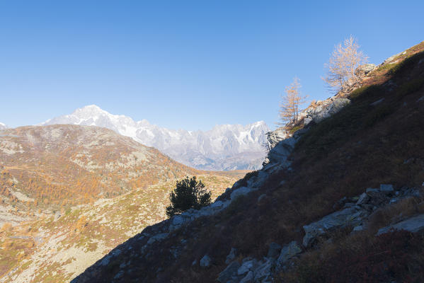 Mont Blanc massif over the slopes of Arpy Valley, Valdigne, Aosta Valley, Italian alps, Italy