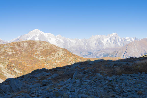 Mont Blanc massif seen from Arpy Valley, Valdigne, Aosta Valley, Italian alps, Italy