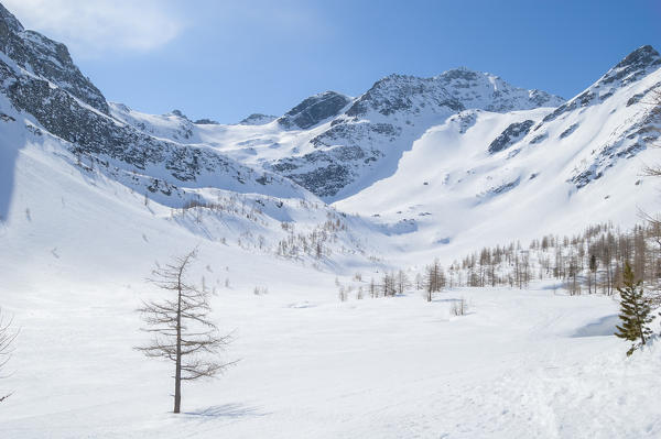 The plan that hosts Arpy Lake in wintertime, Valdigne, Aosta Valley, Italian alps, Italy