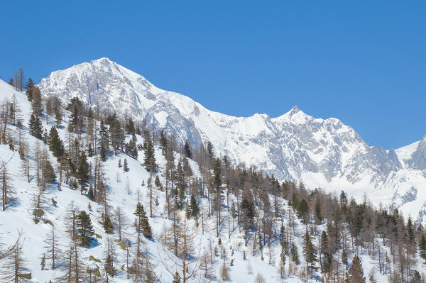 Mont Blanc over the slopes of Arpy valley, Valdigne, Aosta Valley, Italian alps, Italy