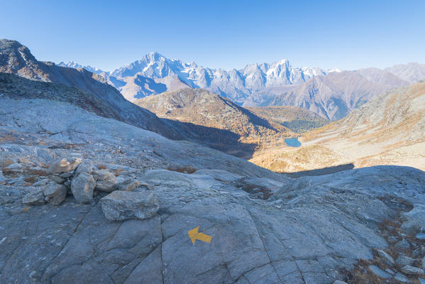 Mont Blanc massif seen from the valley of Arpy, Valdigne, Aosta Valley, Italian alps, Italy