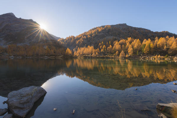 Sunset on Arpy Lake, Valdigne, Aosta Valley, Italian alps, Italy