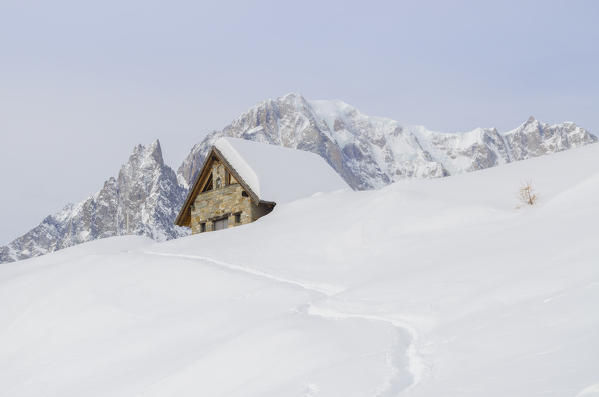 Cottage near refuge Bertone with Mont Blanc, Val Sapin, Aosta Valley, Italian alps, Italy