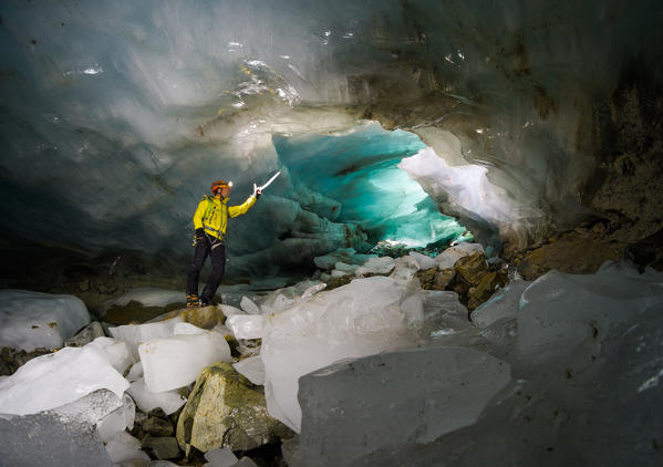 Ice cave, Paradisin glacier, Livigno Valley, Lombardy, Italy