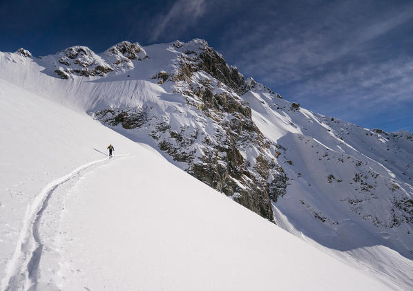 Skier at Sella di Pioda, Monte Disgrazia, Valtellina, Lombary, Italy
