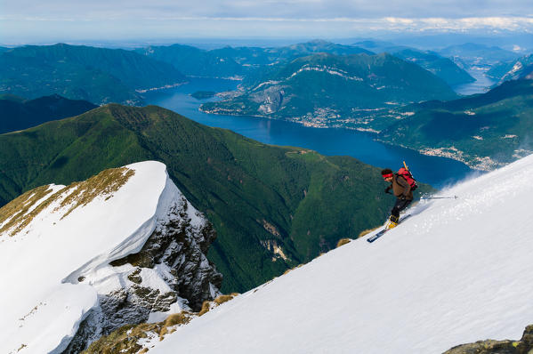Skier on the south face of Monte Legnone, Como Lake, Lombardy, Italy