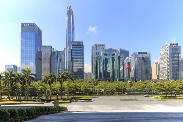 Shenzhen skyline as seen from the Stock Exchange building with the KK100, the second tallest building of the city, on background, China