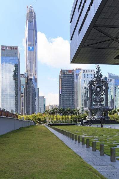 Shenzhen skyline as seen from the Stock Exchange building with the Ping An IFC, the tallest building of the city, on background, China