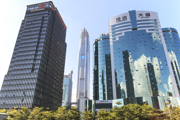 Shenzhen skyline as seen from the Stock Exchange building with the Ping An IFC, the tallest building of the city, on background, China