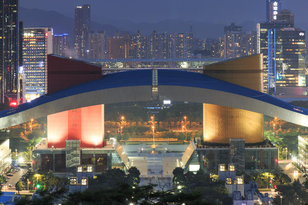 Detail of the Civic Center in Shenzhen at dusk, China