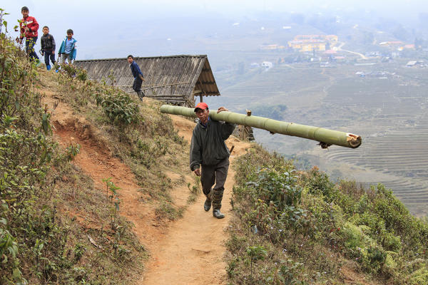 Man living in Sapa, in north Vietnam, carrying a bamboo stake walking in a narrow path in the mountains of Sapa