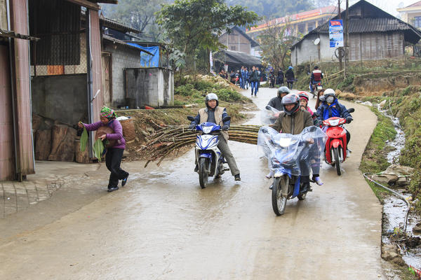 People in the main street of Sapa village in north Vietnam