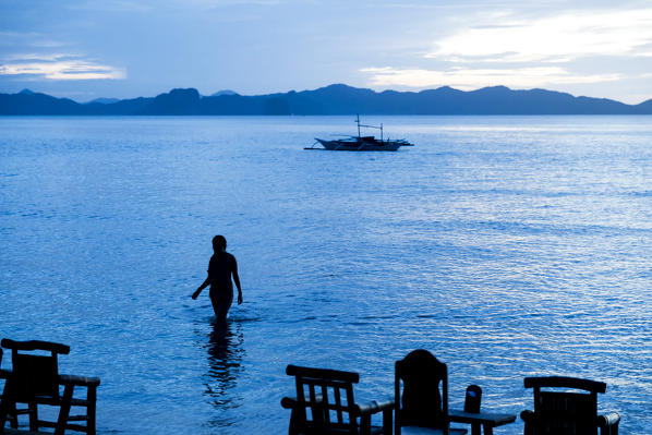 Las Cabanas Beach at dusk, El Nido, Palawan, Philippines