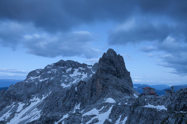 Pedrotti refuge, Brenta Dolomites, Adamello Brenta Geopark, Trentino-Alto Adige, Italy. View of Pedrotti Tosa refuge at twilight.