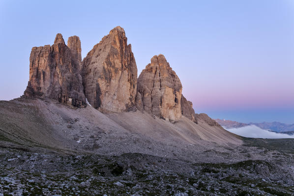 Tre Cime di Lavaredo, Sexten dolomites, Trentino-Alto Adige, Italy. Sunrise.