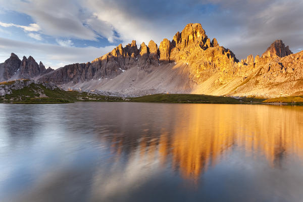 Paterno peak in Sexten Dolomites, Trentino Alto Adige, Italy. Piani lakes at sunrise