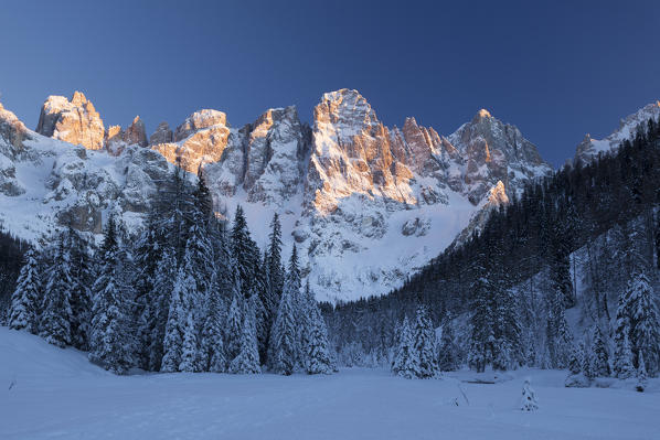 Venegia valley, Pale of San Martino, Dolomites, Trento province, Trentino Alto Adige, Italy, Europe. Sunset in Venegia valley in winter.