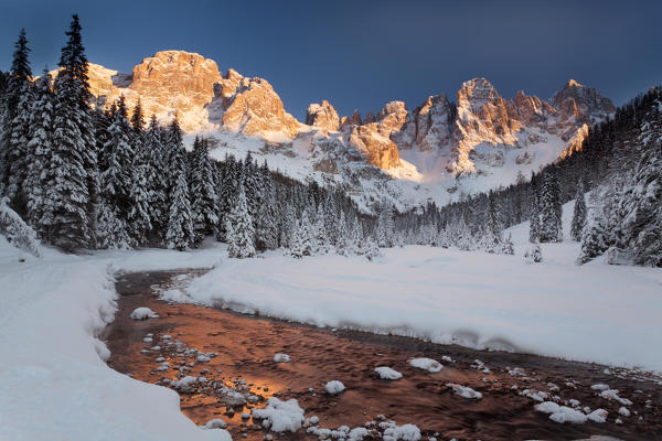 Venegia valley, Pale di San Martino, Dolomites, Trentino Alto Adige, Italy. Winter landscape with pristine snow.