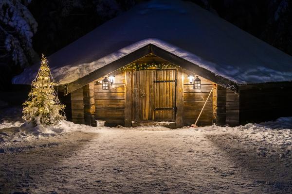 Typical wood chalet called Kota, Rovaniemi, Lapland, Finland, Europe.