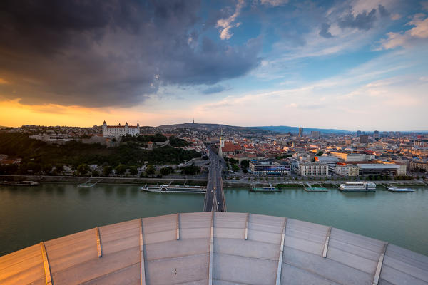Bratislava, Slovakia, center Europe. Panoramic view from UFO terrace restaurant on Novy Most bridge.