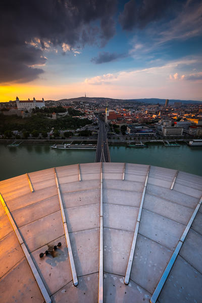 Bratislava, Slovakia, center Europe. Panoramic view from UFO terrace restaurant on Novy Most bridge.