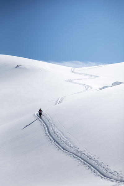Ski mountaineer uphill towards Forca Rossa, Biois valley, Falcade, Belluno, Veneto, Italy