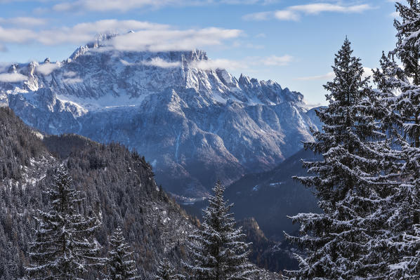 The north west side of Civetta mountain framed between some snowcapped trees in winter, Alleghe, Agordino, Belluno, Veneto, Italy