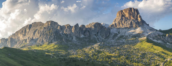 Panoramic of Croda Negra and Averau in a sunny summer evening, Dolomites, Colle Santa Lucia, Agordino, Belluno, Veneto, Italy,