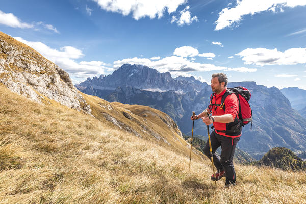 hiker walks on the Sasso Bianco path, in the background the mount Civetta, Agordino, Belluno, Veneto, Italy