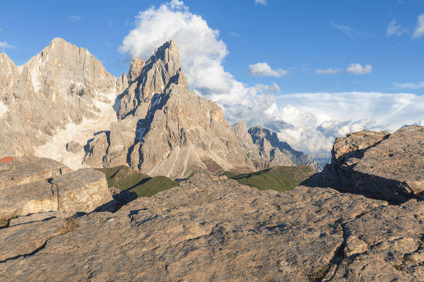 Vezzana and Cimon della Pala, Pale di San Martino (Pala group) as seen from Castellazzo mounain, Rolle pass, Trentino, Trento, Italy