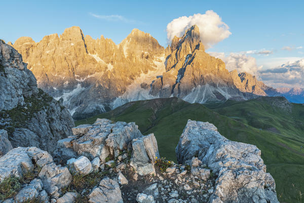 Pale di San Martino (Pala group) as seen from Castellazzo mounain, Rolle pass, Trentino, Trento, Italy