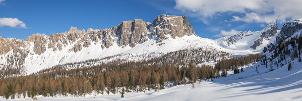 Lastoni di Formin, winter landscape with snow, San Vito di Cadore, Dolomites, Belluno, Veneto, Italy