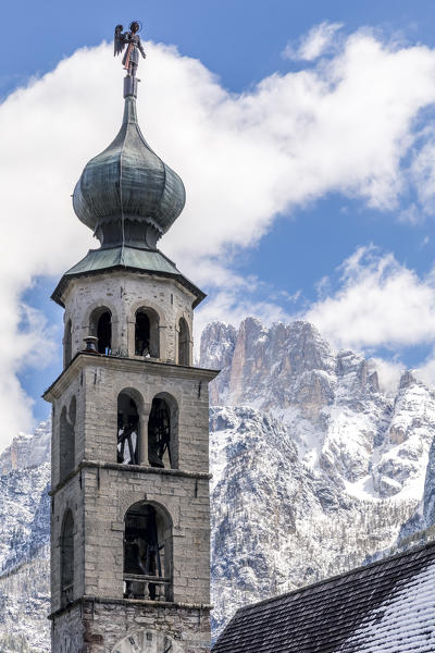 Church of San Tomaso Agordino with the mount Civetta on the background, Belluno, Dolomites, Veneto, Italy