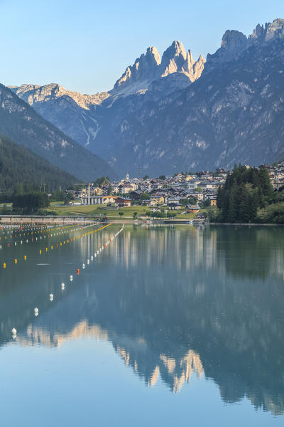 auronzo di cadore and the lake of santa caterina, in the background the Tre Cime di lavaredo and the croda dei toni, Belluno, Veneto, Italy