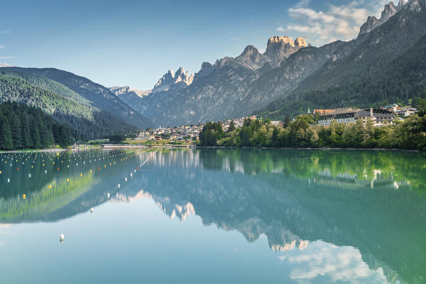 auronzo di cadore and the lake of santa caterina, in the background the Tre Cime di lavaredo and the croda dei toni, Belluno, Veneto, Italy