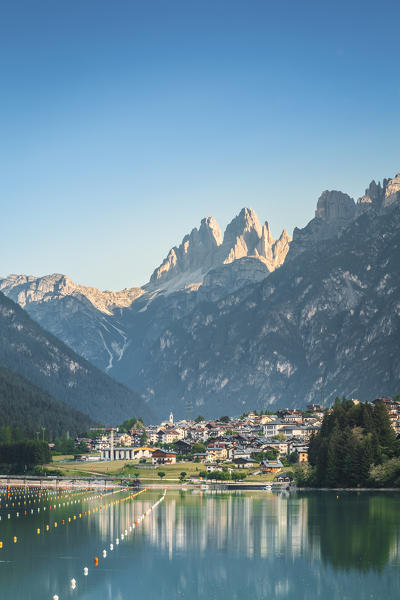 auronzo di cadore and the lake of santa caterina, in the background the Tre Cime di lavaredo and the croda dei toni, Belluno, Veneto, Italy