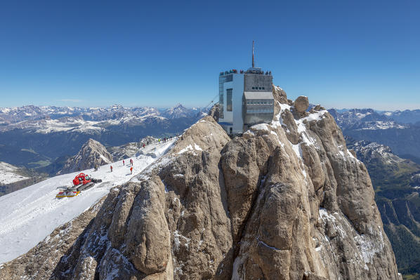 cable car station at Punta Rocca (mt 3265), in Marmolada and panoramic terrace with wonderful view on the Dolomites, Rocca Pietore, Belluno, Veneto, Italy