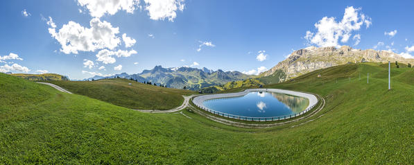 Panoramic view of the artificial lake near the Bec de Roces refuge, Dolomites, Arabba, Livinallogo del Col di Lana, Belluno, Veneto, Italy