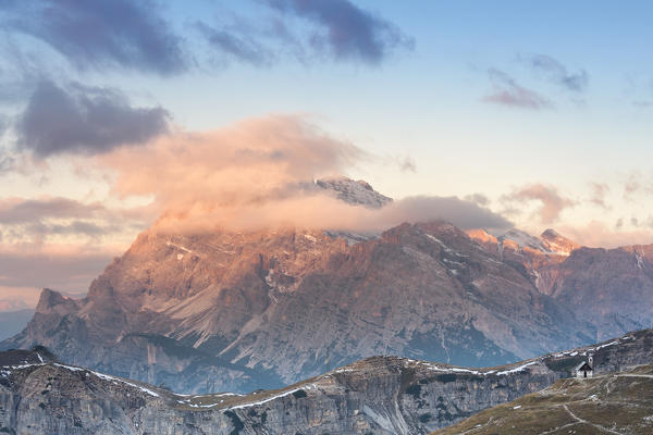 View of Cristallo mountain from Lavaredo plateau, Dolomites, Auronzo di Cadore, Belluno, Veneto, Italy