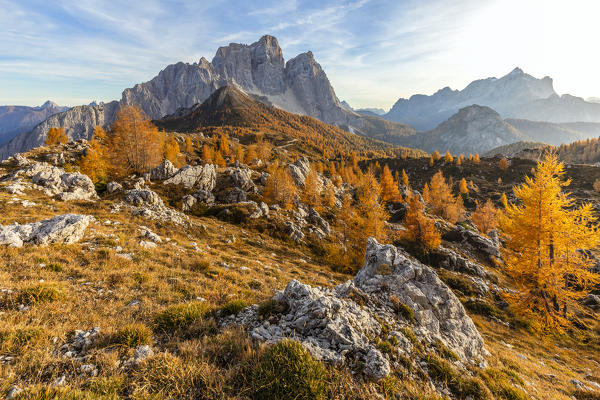 ancestral landscape at the Prendera mountain pasture, in the background the north face of mount pelmo, dolomites, san vito di cadore, belluno, veneto, italy