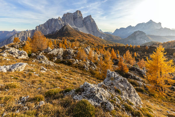 ancestral landscape at the Prendera mountain pasture, in the background the north face of mount pelmo, dolomites, san vito di cadore, belluno, veneto, italy