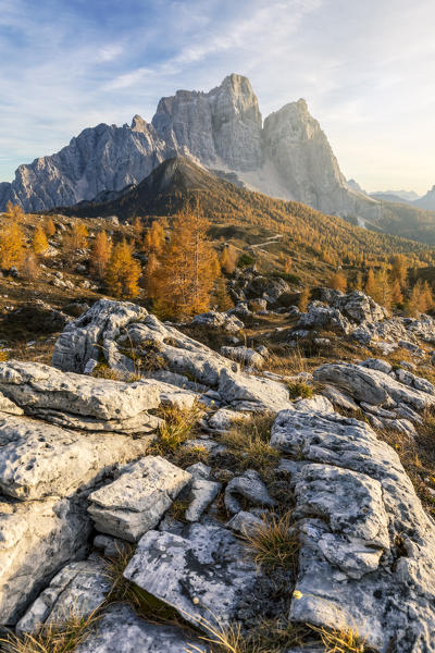 ancestral landscape at the Prendera mountain pasture, in the background the north face of mount pelmo, dolomites, san vito di cadore, belluno, veneto, italy