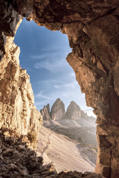 glimpse on the Tre Cime di Lavaredo from a war cave, sexten dolomites, south tyrol, italy europe